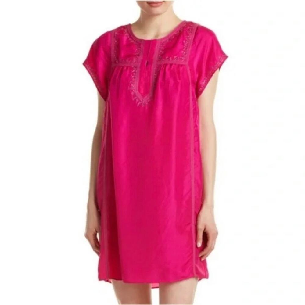 Calypso St. Barth Solid Pink Silk Short Sleeve Embroidered Shift Dress Size M
